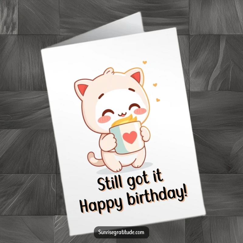 Funny Free Printable Birthday Card: Character offers mug to light, cozy, warm, downloadable art.