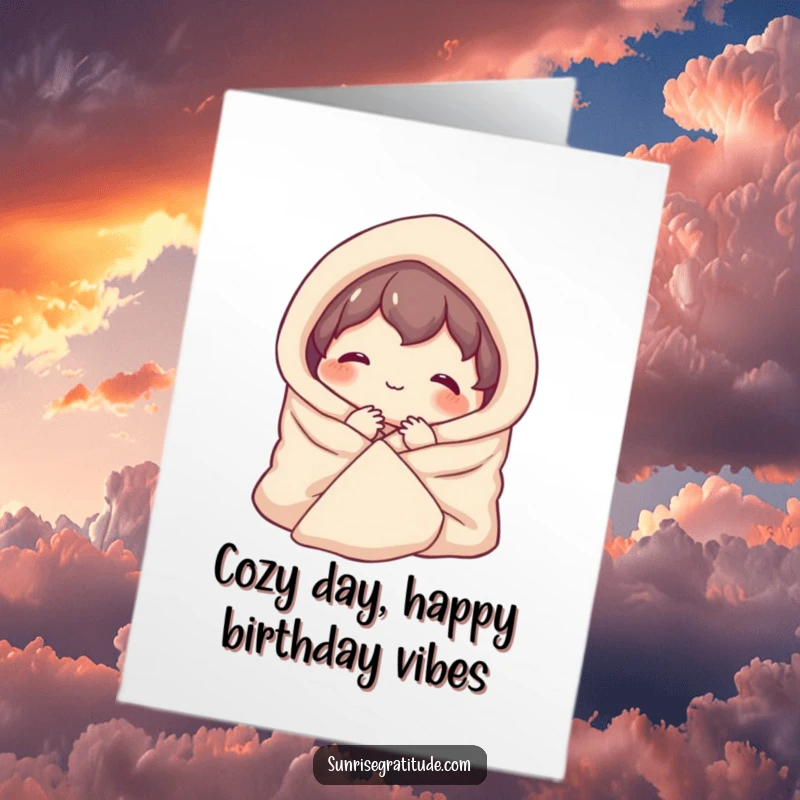 Free Printable Cozy Morning Birthday Card: A character happily wrapped in a blanket, enjoying a peaceful smile at the dawn.