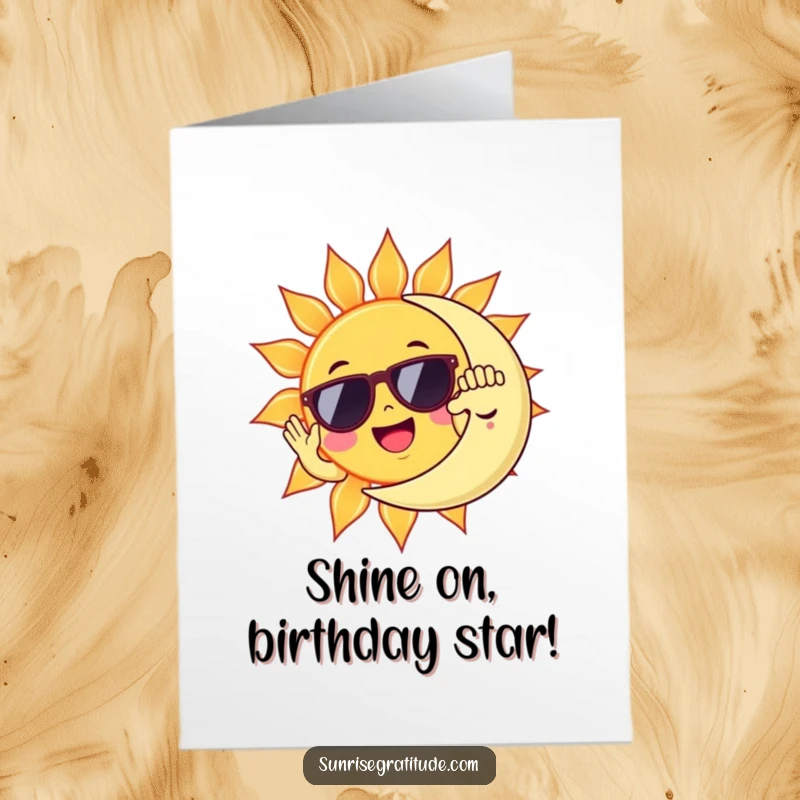 Funny Free Printable Birthday Card: Cheerful sun in sunglasses high-fives a sleepy moon, celebrating a birthday in style.