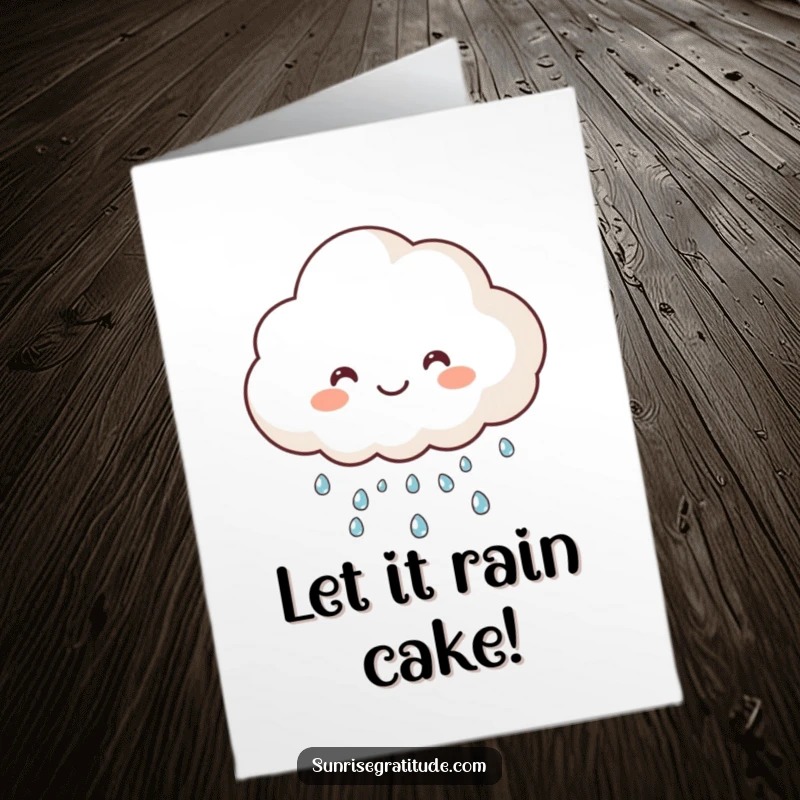 Funny Free Printable Happy Birthday Card featuring a cheerful cloud character raining down sparkling dew, ready to bring joy.