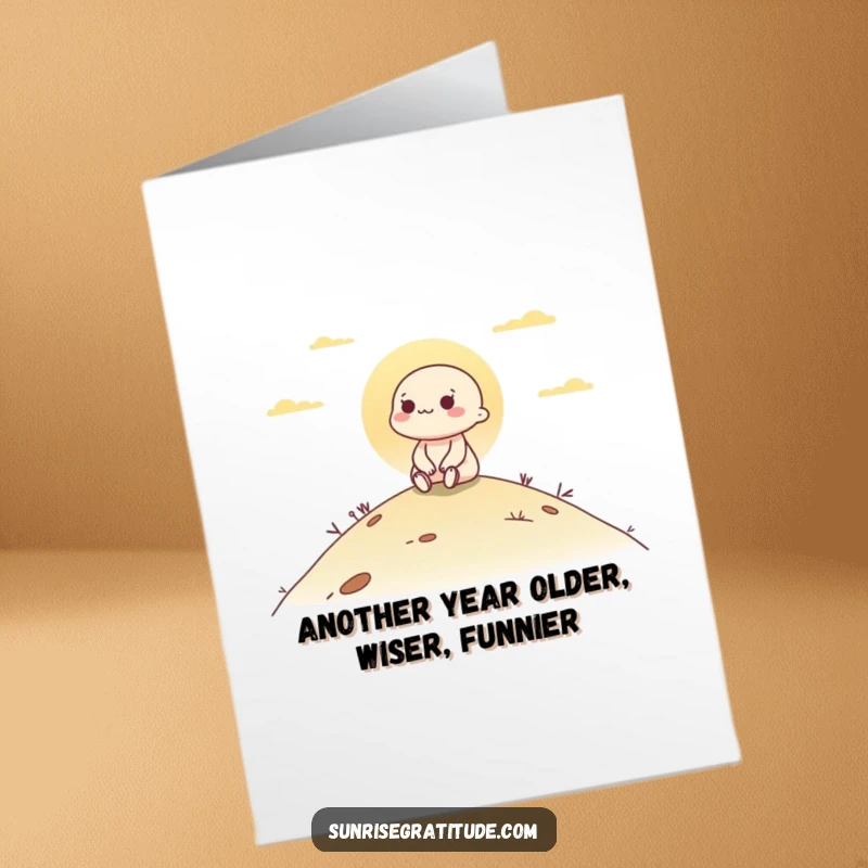 Funny Free Printable Happy Birthday Card: Character serene on hill, watching dawn, downloadable art.