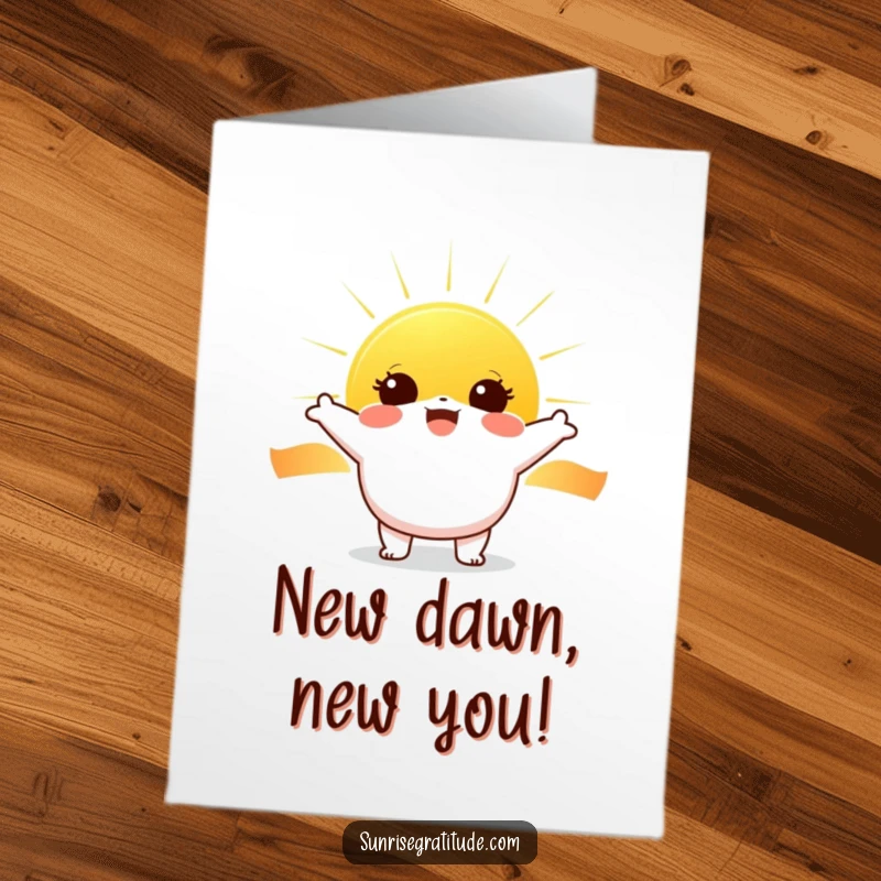 Free Printable Birthday Card: Cheerful character with wide eyes joyfully greeting the rising sun.