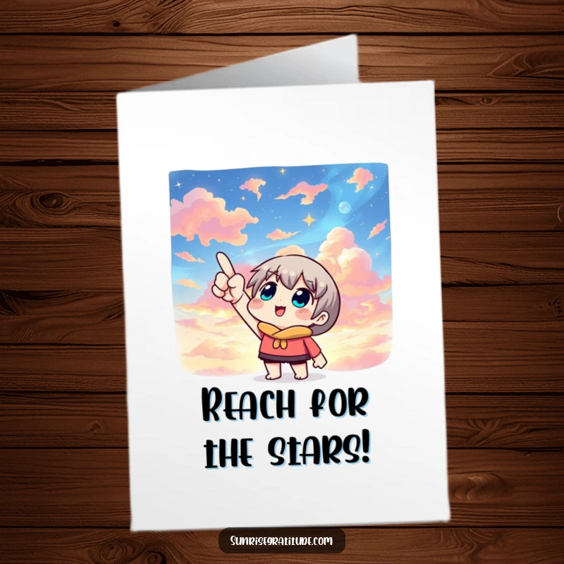 Inspiring free printable birthday card showing a character pointing upwards at a beautiful, colorful sky.