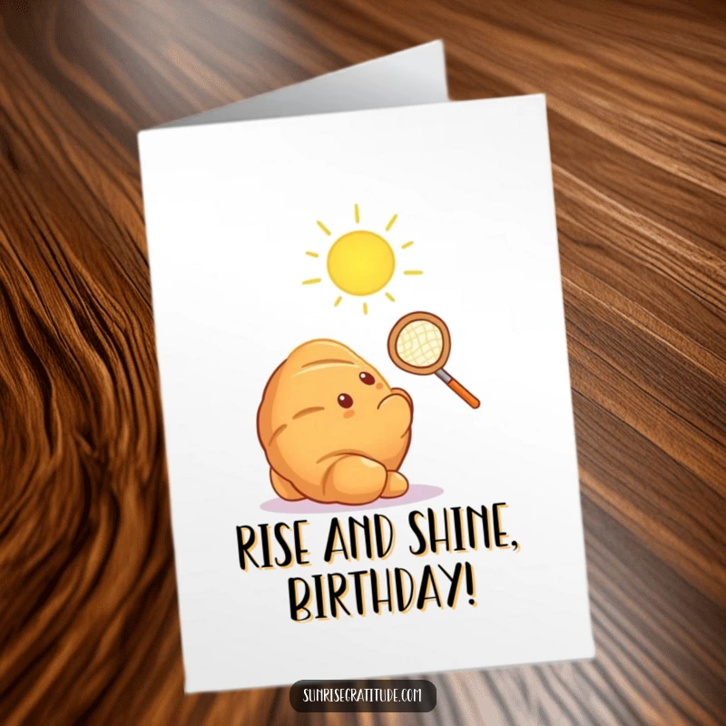 Funny Free Printable Birthday Card: A radiant croissant tries to catch a sun ray with a tiny net, celebrating a delicious birthday.