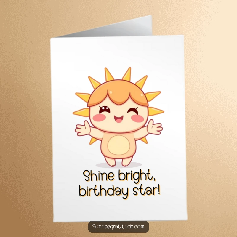 Funny Free Printable Birthday Card: A smiling character joyfully holding hands with radiant, stylized sunbeams, radiating happiness.