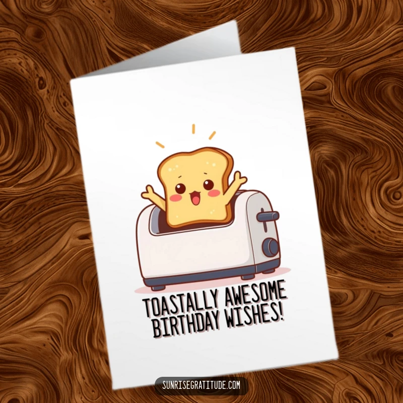 Funny Free Printable Birthday Card: Surprised toast leaps from toaster with a divine light beam, a comical surprise for a special day.