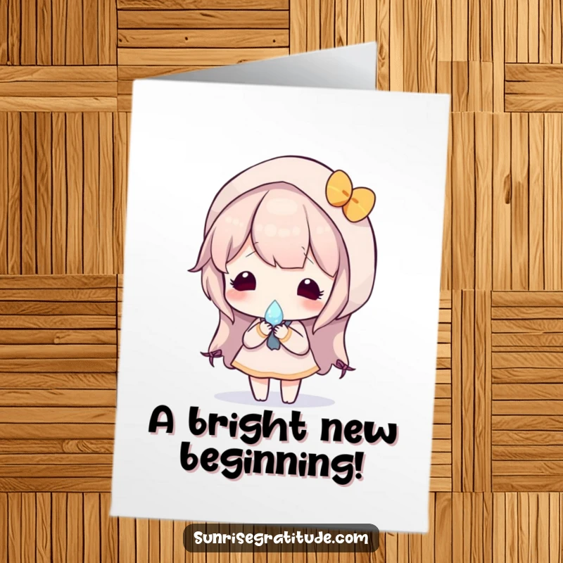 Reflective free printable congratulations card showing a character holding a dewdrop with a sunrise reflection.