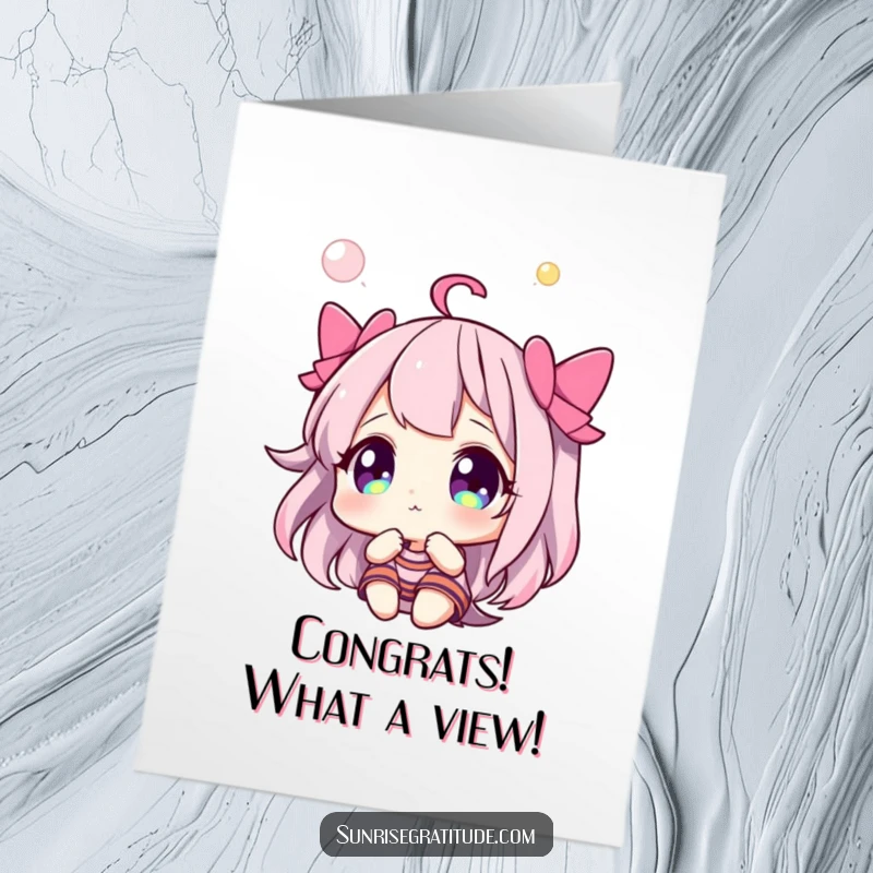 Free Printable Wonder Sky Congrats Card: A character looks up in pure wonder at a sky painted with vibrant, dazzling colors.