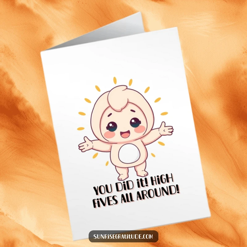 Funny Free Printable Congratulations Card: Cheerful character dramatically hugging the world, celebrating new beginnings with a big smile.