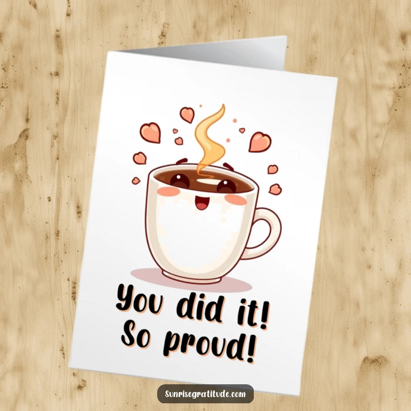 Funny Free Printable Congrats Card: An enthusiastic coffee cup emits a powerful steam cloud, symbolizing the invigorating energy of achieving goals.