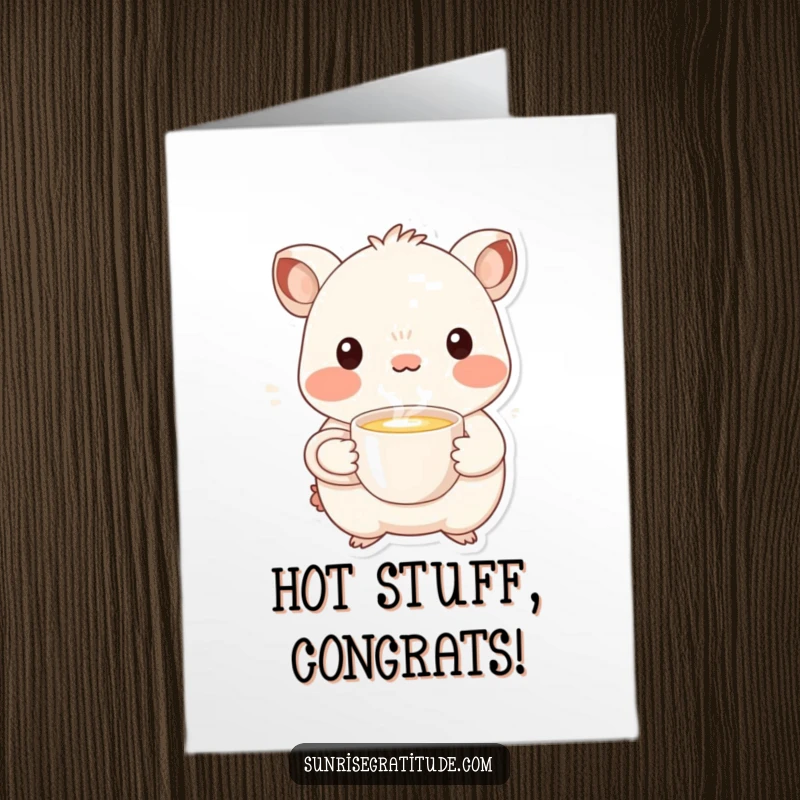 Funny Free Printable congratulations card with a smiling creature offering a steaming cup, celebrating a warm achievement.