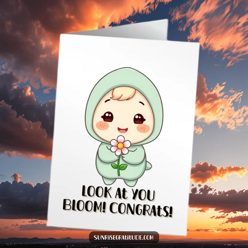 Funny Free Printable Congratulations Card: Gleeful character beaming with joy, holding a small but beautiful blooming flower.