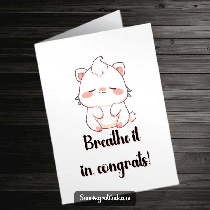 Funny Free Printable congratulations card of a cute creature smiling peacefully while breathing deeply, celebrating calm accomplishment.