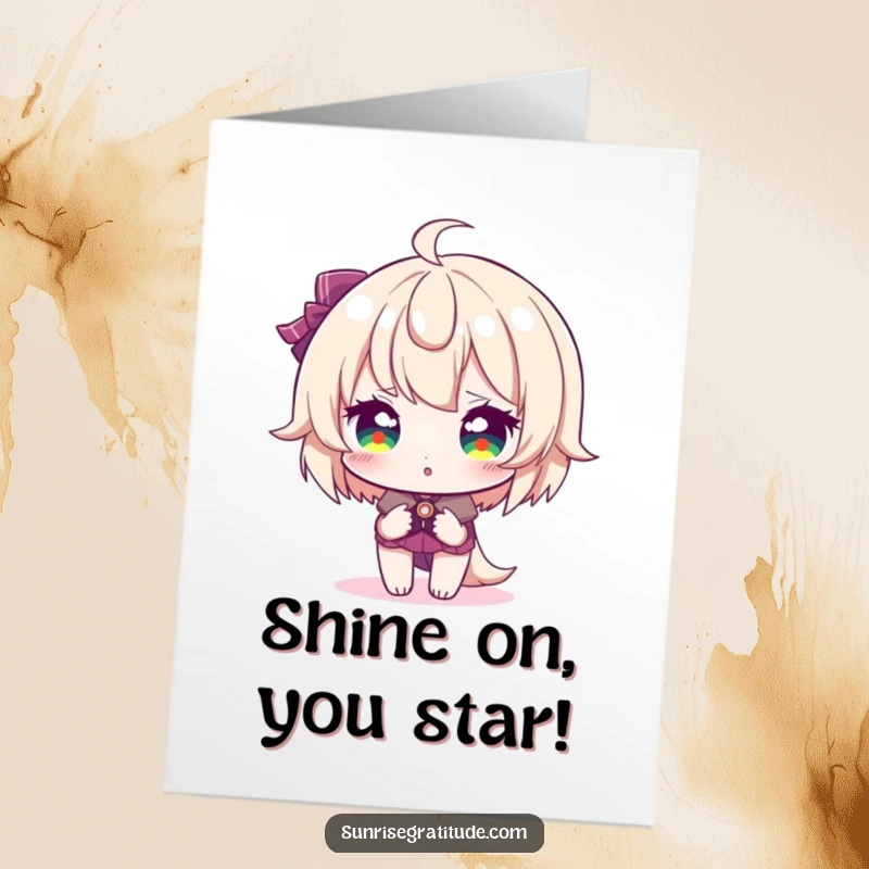 Funny Free Printable Congratulations Card: Character with sparkling eyes reflecting sunrise colors, symbolizing bright achievements and a hopeful future.