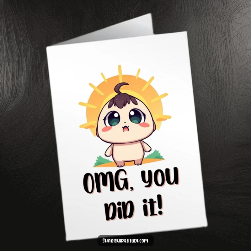 Funny free printable congratulations card showing a character with huge, amazed eyes observing the sun's emergence, expressing profound wonder.