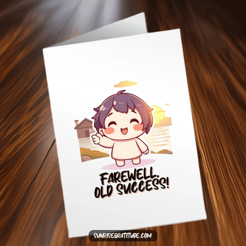 Free Printable Congrats Card: Smiling character waving farewell to a sunset, symbolizing completion and warmth.