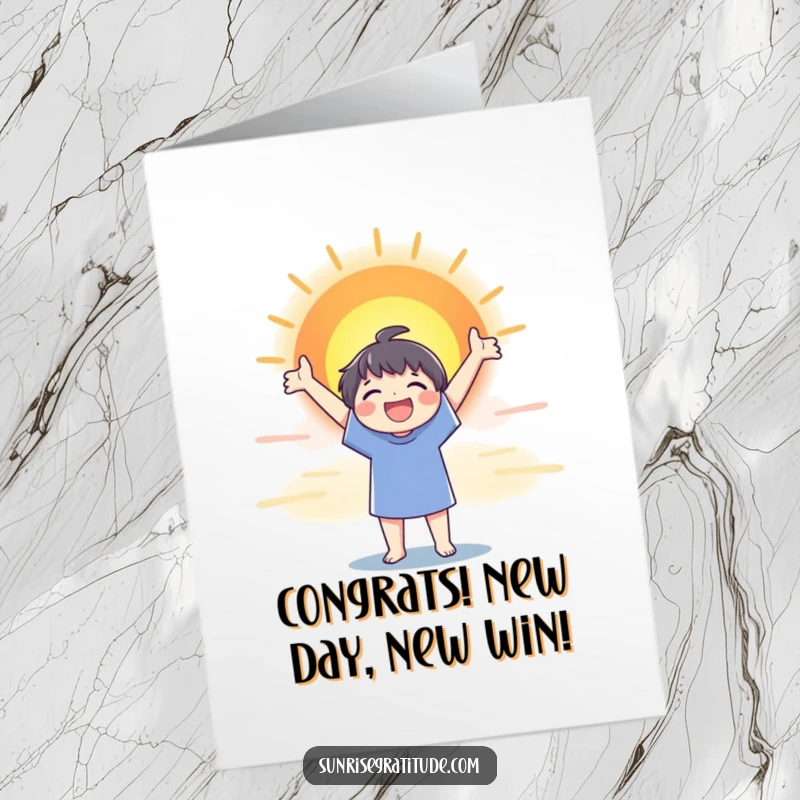 Free Printable Sunrise Congrats Card: A character joyfully greets a vibrant, expansive sunrise with outstretched arms, symbolizing hope.
