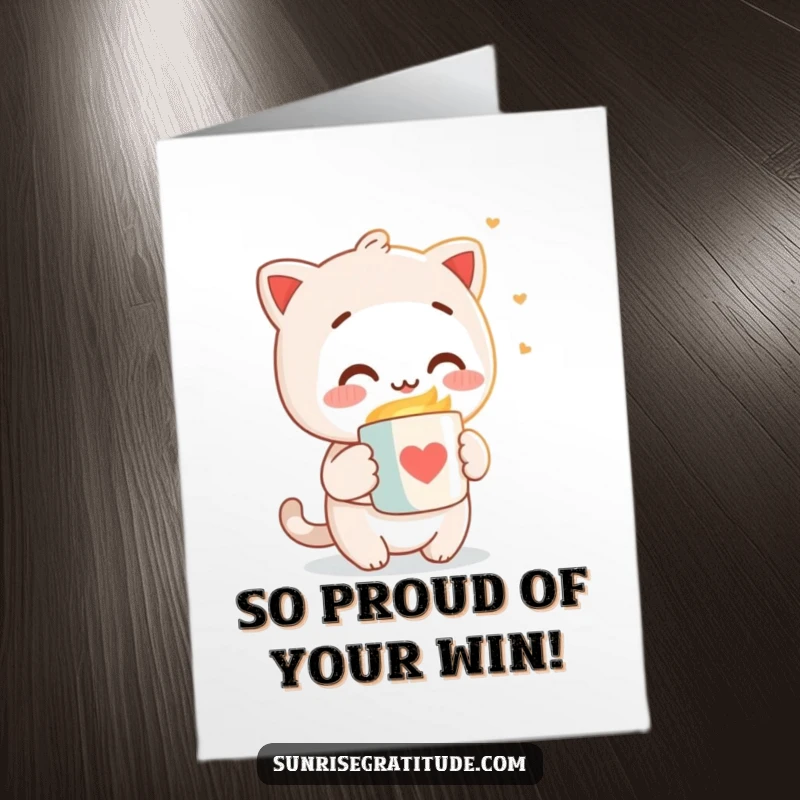 Funny Free Printable Congratulations Card: Character with mug greeting light, warm, cozy, downloadable art.
