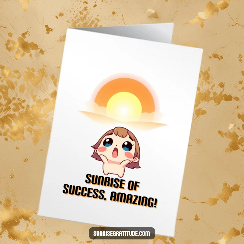 Funny Free Printable Congratulations Card: A character’s surprised face looking up in awe at a breathtakingly vibrant sunrise.