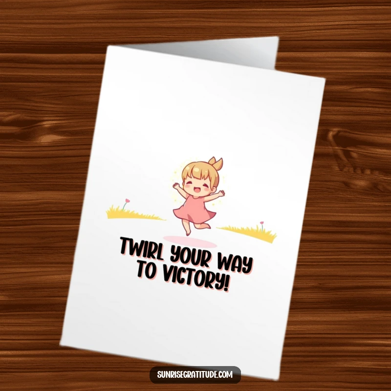 Funny Free Printable Congratulations Card featuring a playful character dancing energetically in the radiant golden light of dawn.