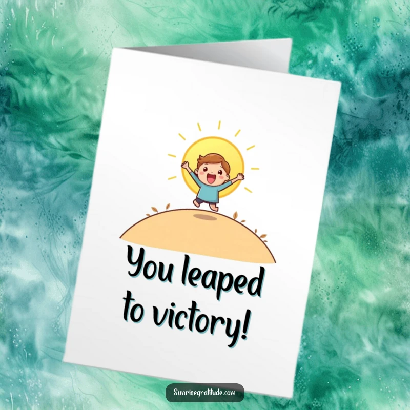 Funny Free Printable Congratulations Card: A playful character joyfully leaping as the sun emerges over a hill, celebrating a win.