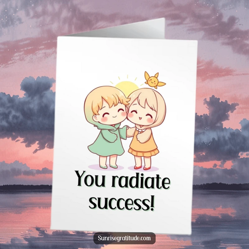 Radiant free printable congratulations card depicting a character sharing a warm sunbeam with another.
