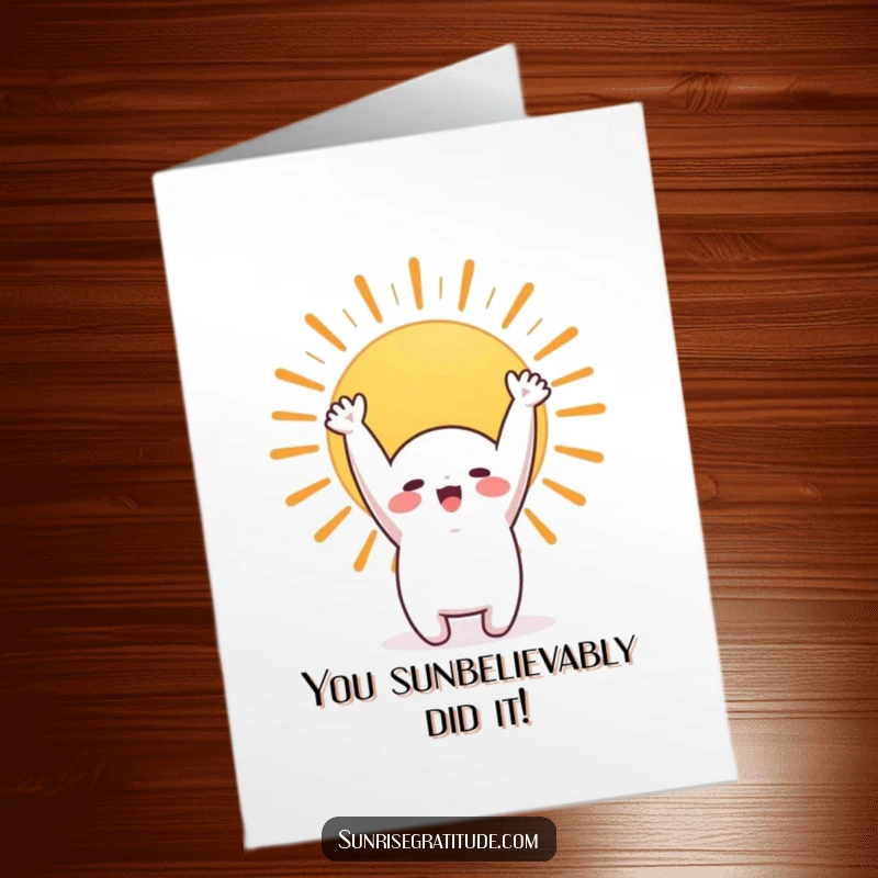 Funny Free Printable Congratulations Card: A cute character stretching towards the sun, symbolizing a bright future and success.