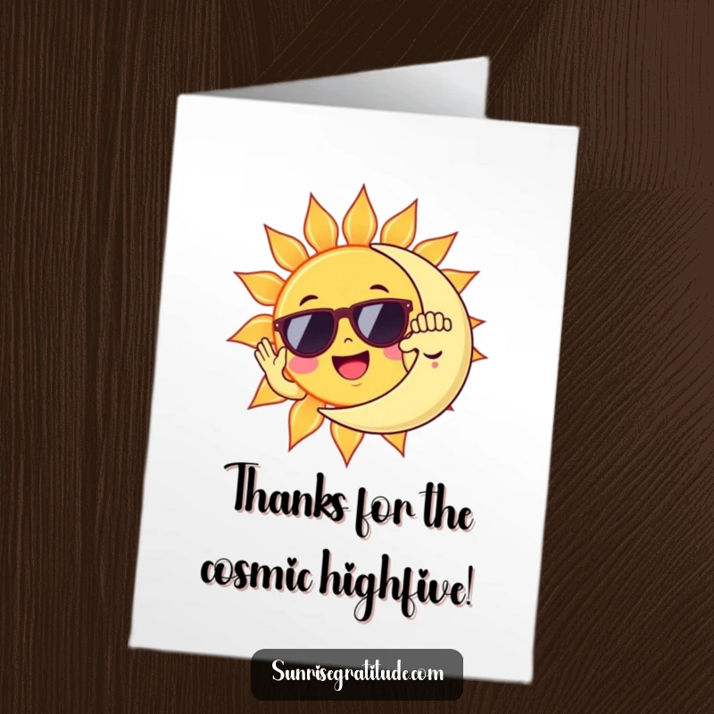 Funny Free Printable Thank You Card: A sunny sun wearing shades high-fives a sleepy moon, sending thanks with a smile.