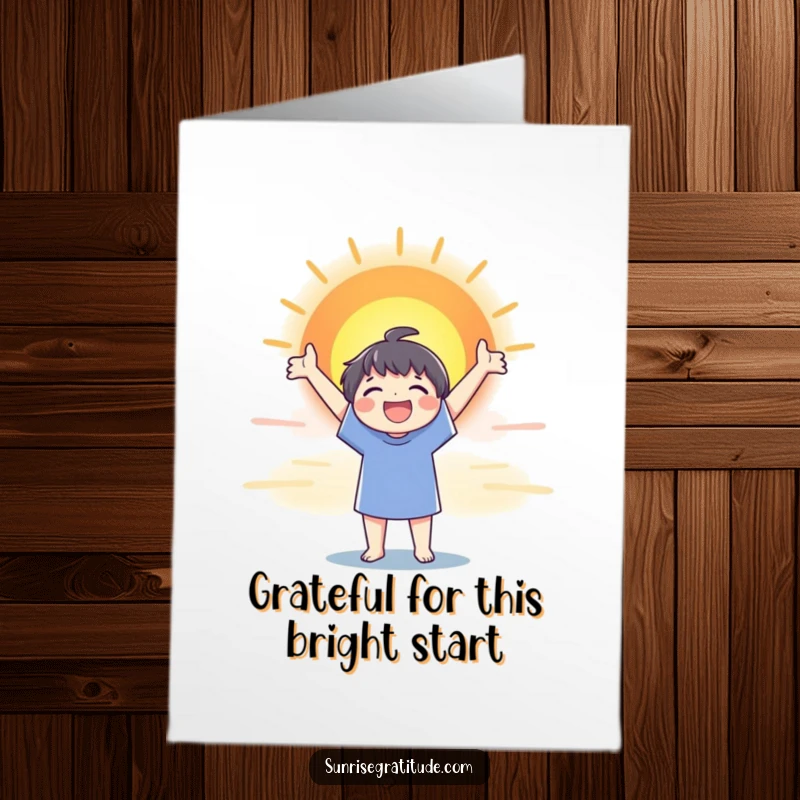 Free Printable Sunrise Thank You Card: A character joyfully embraces a stunning sunrise, expressing thanks with open arms.