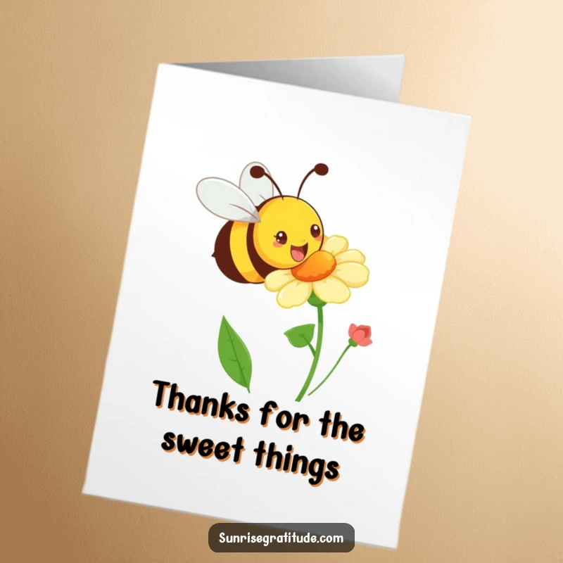 Funny Free Printable Thank You Card with a playful bee happily buzzing towards a blooming flower, a sweet thank you.