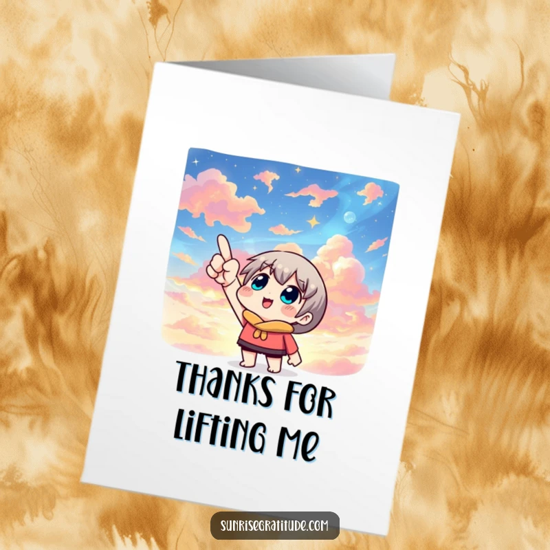 Beautiful free printable thank you card showing a character pointing at a stunning, colorful sky.