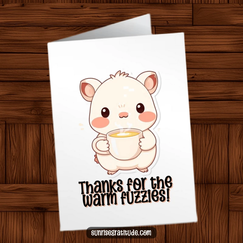 Funny Free Printable thank you card of a smiling creature offering steaming liquid, conveying warm and humorous gratitude.