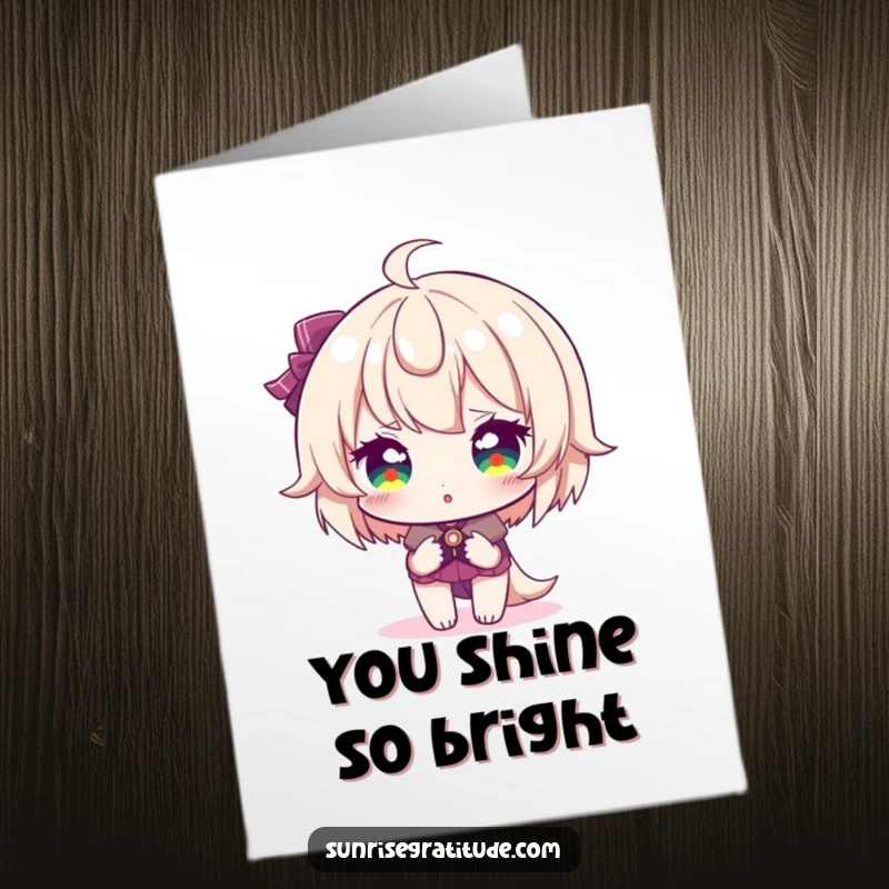 Funny Free Printable Thank You Card: Character with sparkling eyes reflecting sunrise colors, conveying gratitude with a bright and happy expression.