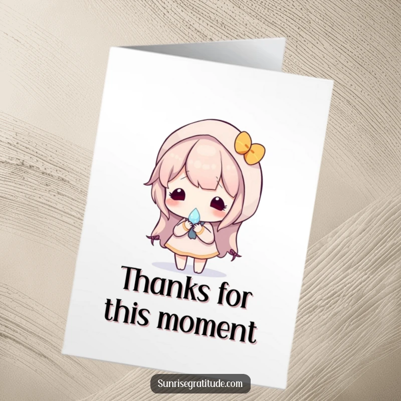 Elegant free printable thank you card with a character holding a dewdrop that mirrors a vibrant sunrise.