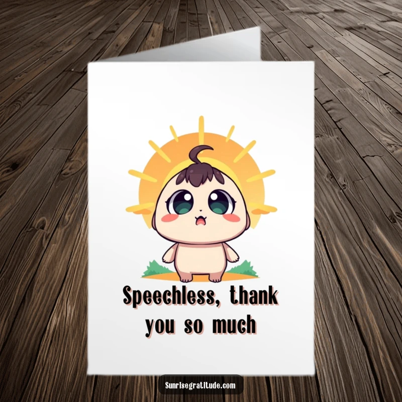 Funny free printable thank you card with a character exhibiting wide-eyed amazement at the rising sun, conveying surprise and thanks.
