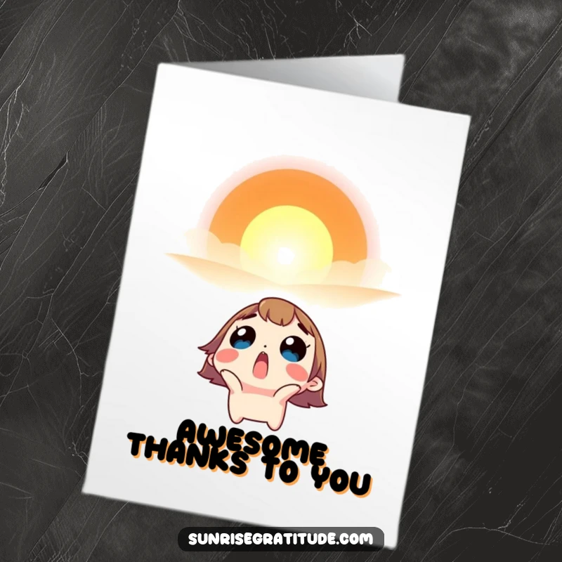 Funny Free Printable Thank You Card: A surprised character gazing upwards with wonder at a magnificent, colorful sunrise.