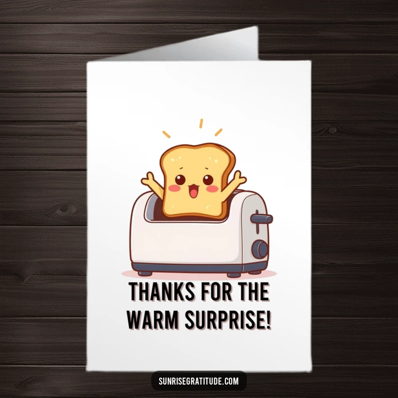 Funny Free Printable Thank You Card: A startled slice of toast springs from a toaster under a bright light, conveying thanks humorously.
