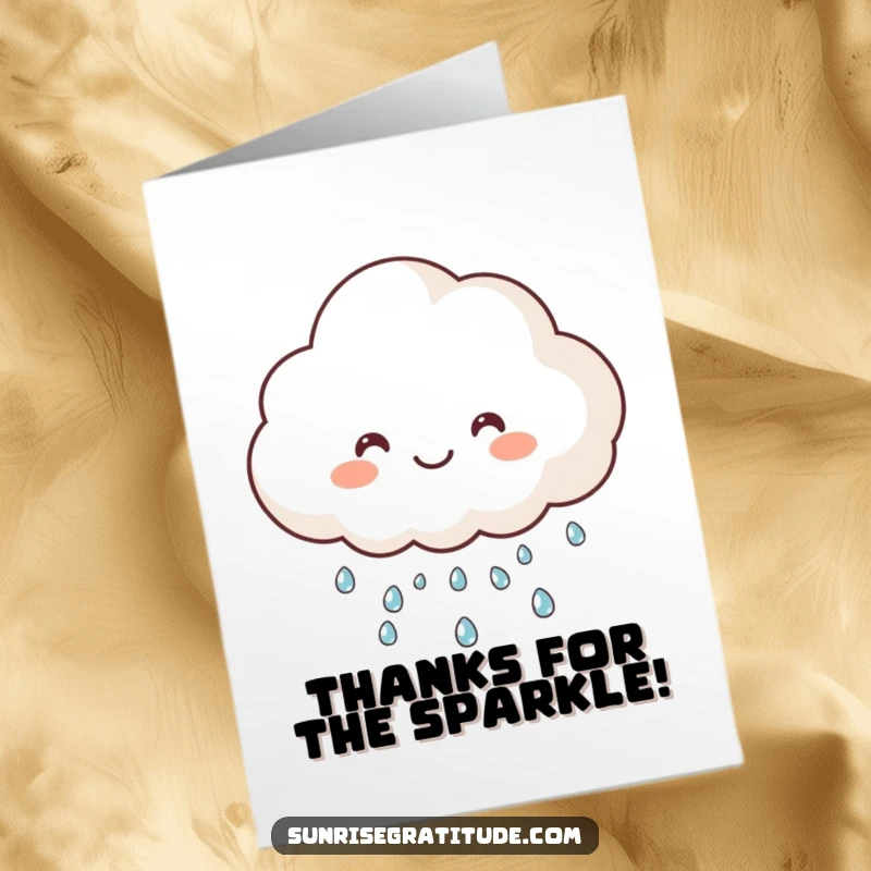 Funny Free Printable Thank You Card with a cute cloud character raining sparkly dew, a sweet way to express gratitude.