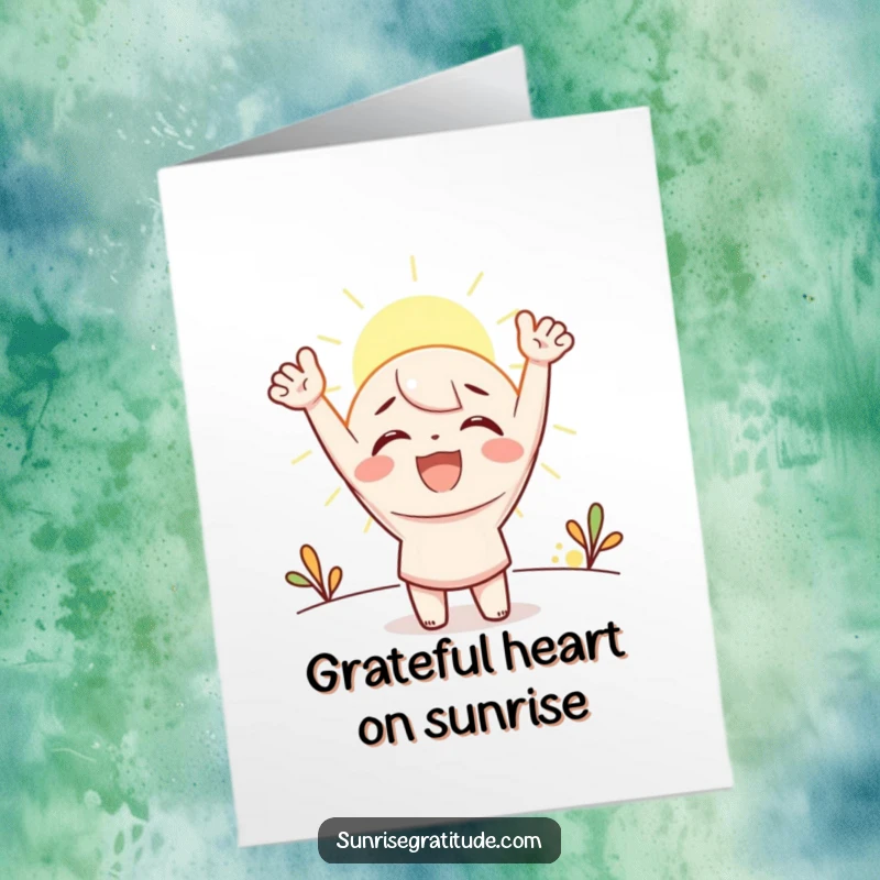 Funny free printable thank you card with an excited character celebrating the sunrise, conveying heartfelt appreciation and joy.