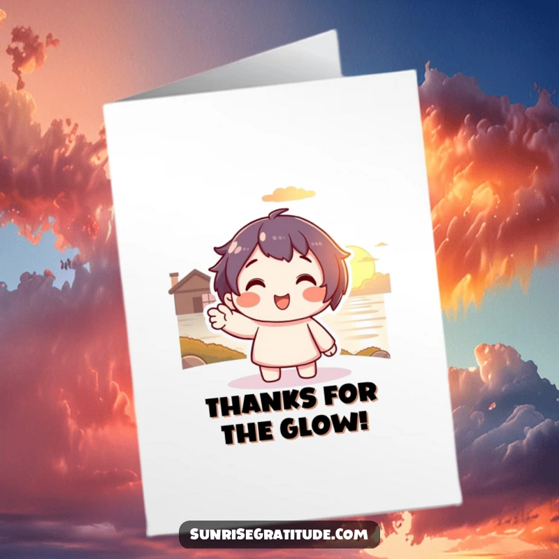 Free Printable Thank You Card: Smiling character waving goodbye to a warm sunset, expressing gratitude.