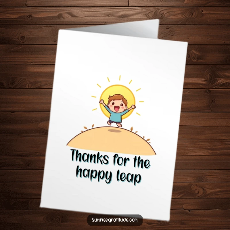 Funny Free Printable Thank You Card: A playful character in mid-air jump, overjoyed by the sun peeking over a hill.