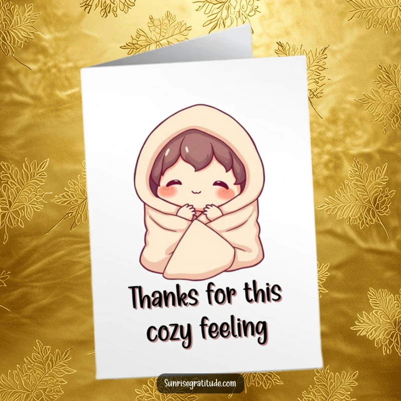 Free Printable Cozy Thank You Card: A content character in a blanket smiles softly, expressing quiet gratitude for the new day.