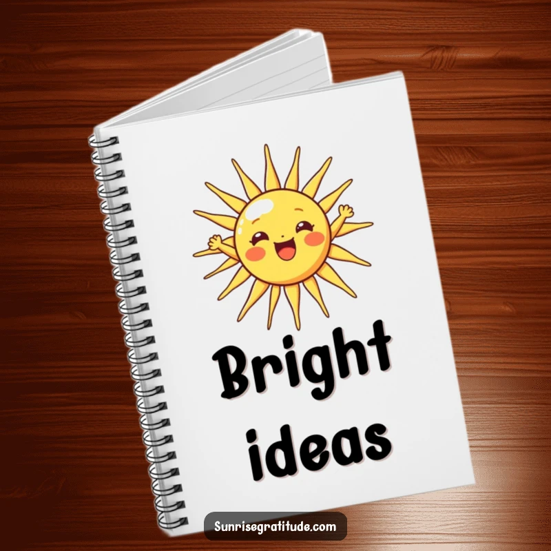 Funny sun notebook with a cheerful sun character stretching its rays wide, ideal for notes and planning.