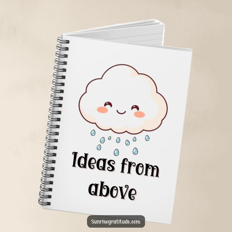 Funny happy cloud notebook, raining sparkling dew, ideal for journaling and note-taking. A humorous and inspiring tool.