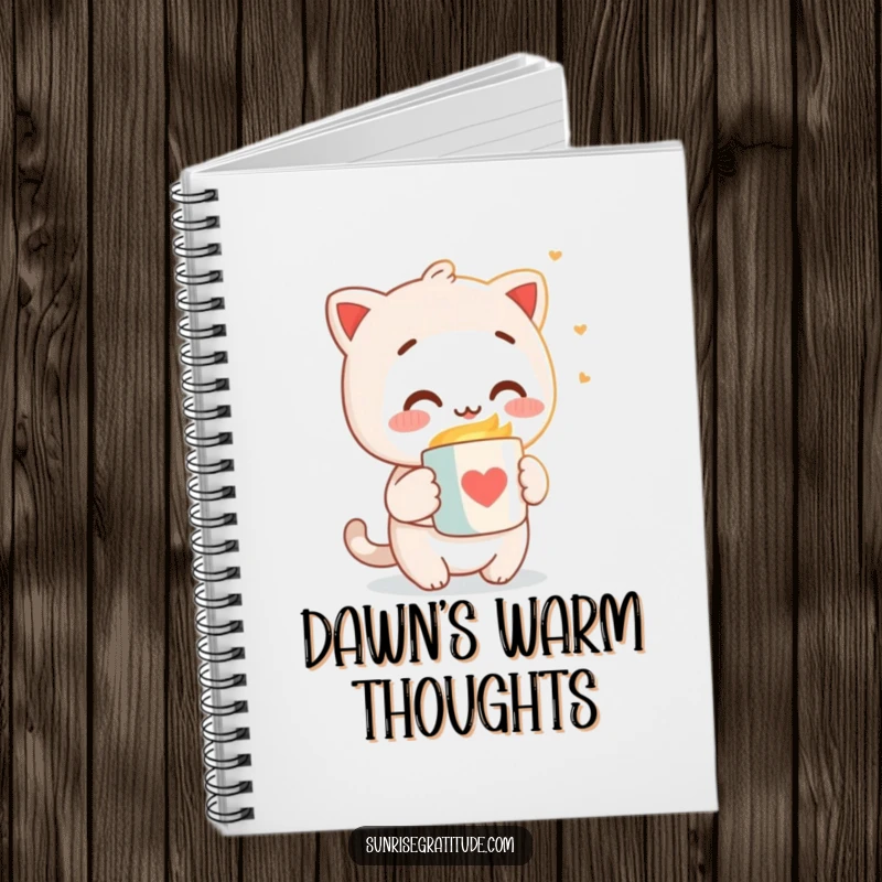 Funny notebook cover with a character offering a warm mug to the morning light, encouraging bright ideas and happy thoughts.