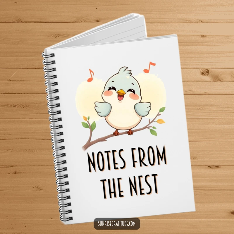 Funny smiling bird notebook, chirping a joyful tune at dawn, perfect for writing and notes. A humorous and inspiring tool.