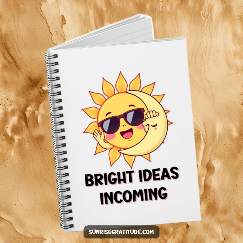 Funny cheerful sun wearing sunglasses high-fiving a sleepy moon, a humorous notebook for jotting ideas.