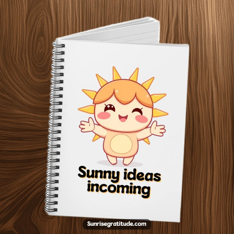 Funny notebook with a happy character holding hands with sunbeams, inspiring bright ideas and happy journaling.