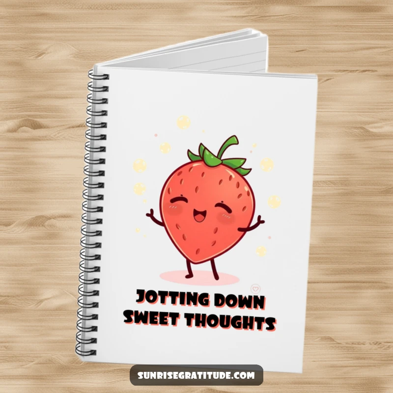 Funny giggling strawberry juggling dew drops at dawn, a humorous notebook for jotting ideas.