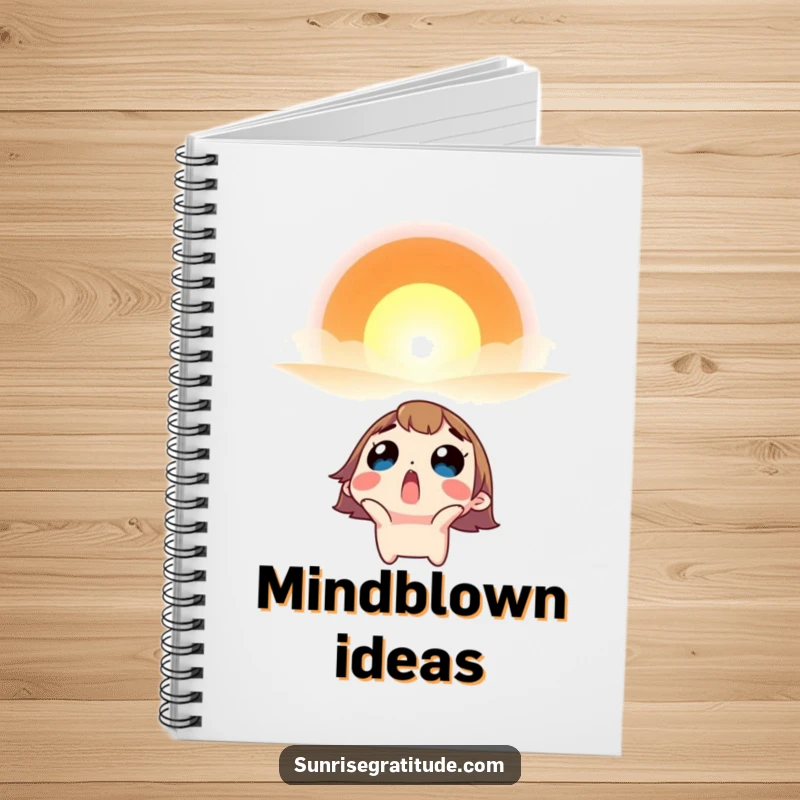 Funny notebook with a surprised character looking up in awe at a vibrant sunrise.